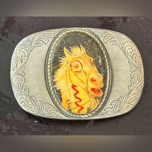 Western Vintage Fantasy Horse Portrait Pewter Belt Buckle - Yellow & Red Accents